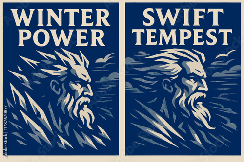 Boreas_ Winter Tempest. Storm Herald. Two vertical A6 banners with safe margins, centered composition, no elements touching edges, bold, cobalt and ice gray,