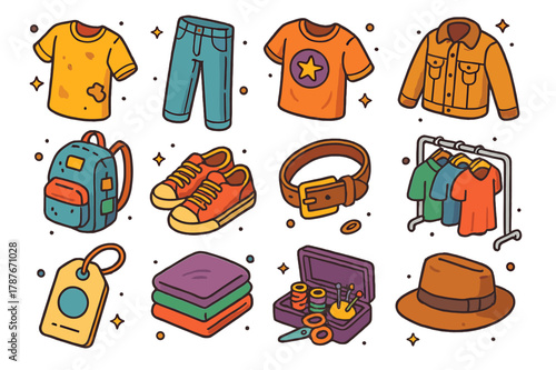 Retro Fashion Icons. Vintage clothing collection. Colorful isometric vector icons set of Vintage clothing collection: worn T-shirt, retro denim jeans, faded