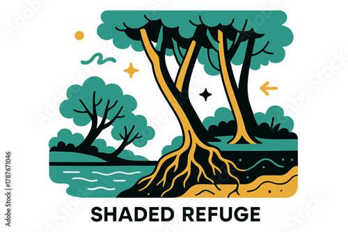 Riverbank Serenity. River Ecosystem ? Riverbank Forest. Tall trees lean over the water; roots weave into soil layers with fine lines. Caption ?shaded refuge?.