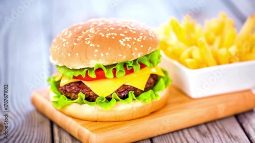 Close up zoom shot of large appetizing burger grilled steak. vegetables,
