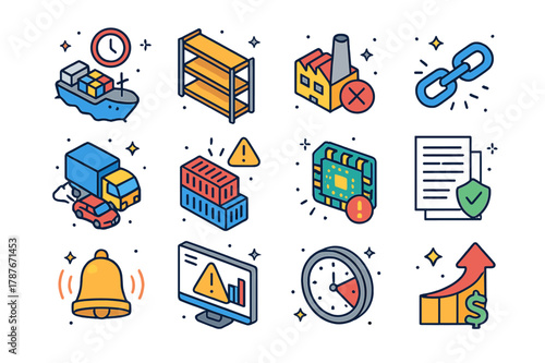 Supply Chain Icons. Supply chain disruption. Colorful isometric vector icons set of Supply chain disruption: cargo ship delay, empty shelves, factory shutdown,