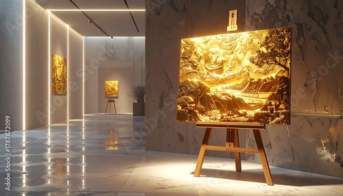 A luxurious gallery showcasing golden artwork. Illuminated hallway with multiple gilded panels on easels and marble walls
