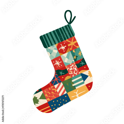 An EPS format illustration, vector design, simple flat 2D icon, minimalist design, icon set, A Simple 2D vibrant Christmas stocking illustration isolated on a white background
