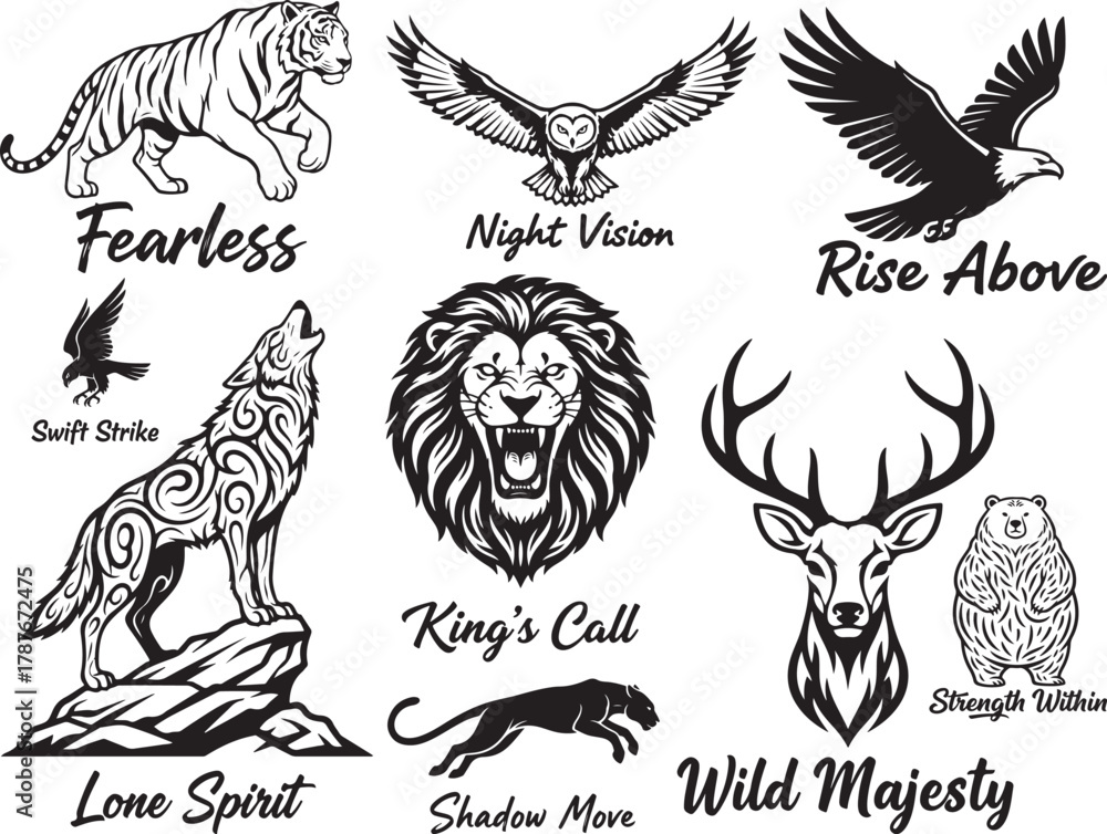 Fototapeta premium Edgy Animal Bundle Wolf Eagle Tiger Bear Panther Lion Stag Owl Falcon