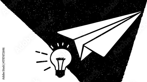 Abstract Graphic: Paper Airplane and Lightbulb Symbolizing New Ideas, Creative Solutions, Innovation, and Launch
