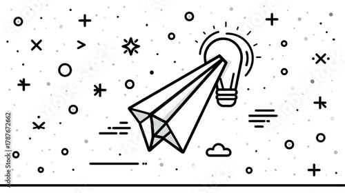 Minimalist line art illustration of a paper airplane flying towards an illuminated lightbulb, symbolizing new ideas and innovation.