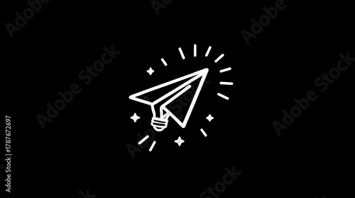 Minimalist outline icon depicting a paper airplane with a glowing lightbulb, symbolizing new ideas, creativity, innovation, and startup concepts on a black background.