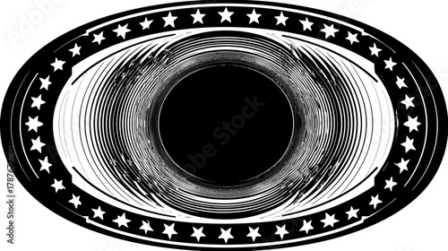 Abstract Black and White Eye Graphic with Radial Lines and Starry Oval Frame. Monochrome Vision Symbol Design Element.