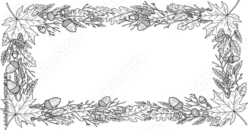 Elegant black and white botanical frame featuring a harmonious arrangement of autumn leaves, acorns, and natural elements, perfect for seasonal designs or decorative borders and headers