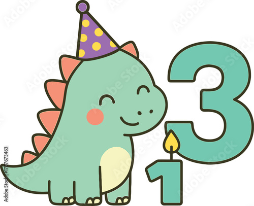 Cute Dinosaur Celebrating Third Birthday with Party Hat