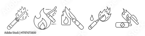 Line icons set of fire, ignition, and torch elements.