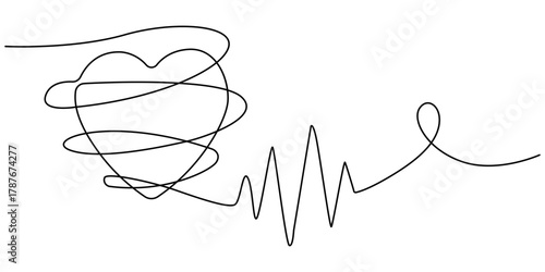 Heart beat one line. Continuous lines heart beats drawing. Wave pulse. Hand draw heartbeat. Design heartbeat for print. Red silhouette cardiogram isolated on white background. Vector illustration