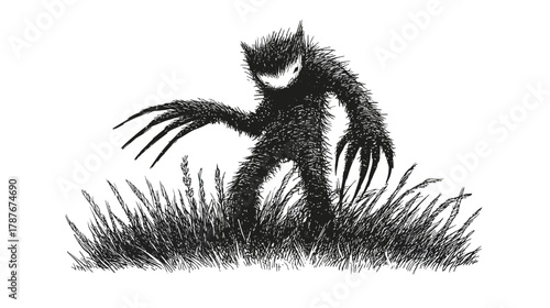 Menacing furry shadow creature illustration in tall grass with sharp claws and bright eyes. Eerie black and white mythical beast drawing.