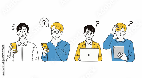 Set of Concerned and Confused East Asian Men Using Devices – Minimalist Vector Illustration