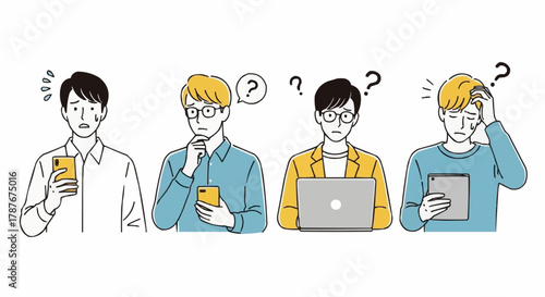 Set of Concerned and Confused East Asian Men Using Devices – Minimalist Vector Illustration
