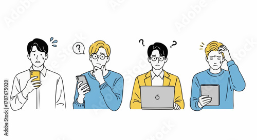 Set of Concerned and Confused East Asian Men Using Devices – Minimalist Vector Illustration