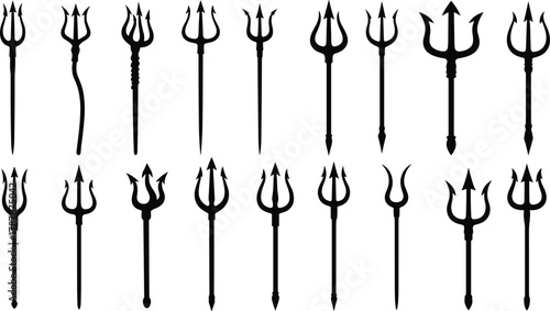 Trident silhouette collection, black vector illustration of different trident designs, Poseidon weapon shapes for mythology, fantasy, power, and ancient symbol design concepts