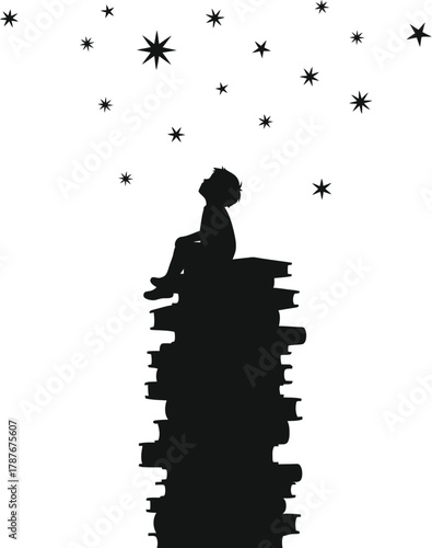 Silhouette of a child sitting a stack of books, looking at stars, symbolizing imagination and knowledge