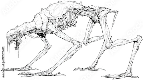 Creepy skeletal monster sketch, a gaunt alien creature design for horror, sci-fi, and dark fantasy concepts