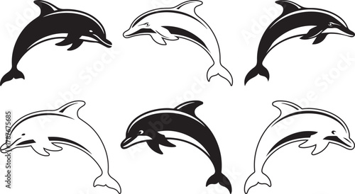 Dolphin Silhouette Vector Set. Black and White Marine Animal Illustration.