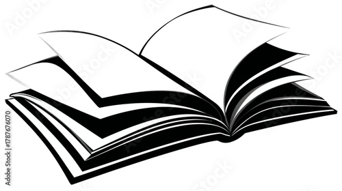 Black and white illustration of an open book with blank pages turning, symbolizing education, knowledge, learning, and stories.