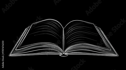 Minimalist Open Book Line Art Illustration on Black Background, Symbolizing Knowledge, Education, Reading, and Wisdom