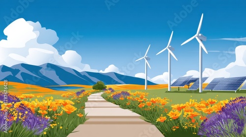 A picturesque landscape featuring wind turbines and solar panels amidst vibrant flowers and mountains under a bright blue sky.