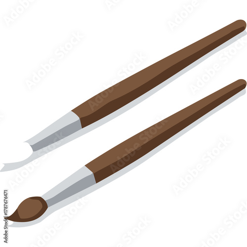 Two Brown Bristle Paint Brushes With Silver Ferules Isolated On Transparent White Background With Soft Shadows For Artistic Creation And Crafting