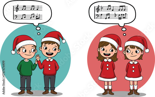 Cute Christmas children singing carols together with musical notes, festive holiday vector illustration of happy kids wearing Santa outfits and hats