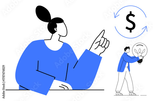 Woman gesturing at dollar sign with circular arrows and a man carrying a lightbulb. Ideal for finance, innovation, teamwork, entrepreneurship, success, sustainability, creative solutions. Simple flat