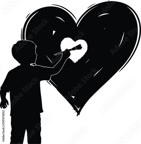 Silhouette of a child painting a heart a wall, symbolizing love, creativity, and expression of emotions