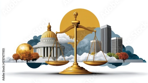 A balanced scale in front of a cityscape, symbolizing justice and law, with buildings and a globe in the background.