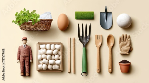 The image features gardening tools, a figure, and natural elements, arranged artistically on a neutral background, suggesting themes of cultivation and creativity.