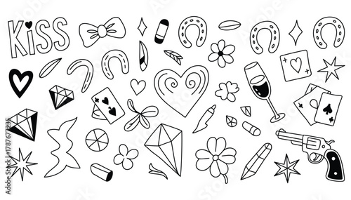 Lucky doodles pattern for creating unique designs featuring hearts, diamonds, horseshoes, cards, flowers, stars, and a revolver, perfect for playful branding and trendy lifestyle projects