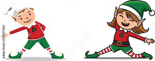 Cute Christmas elves boy and girl wearing festive red and green outfits stretching and smiling in holiday celebration vector illustration.