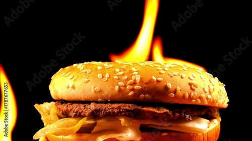 close-up. hamburger with juicy beef, Sesame Bun and Vegetables in rotating
