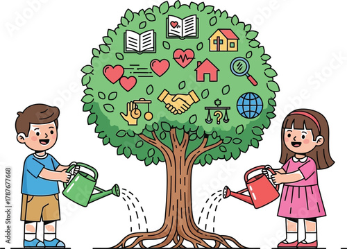 Two children watering a tree with icons representing education, health, community, and environment, symbolizing importance of investing in future generations