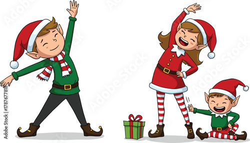 Cute Christmas elves children wearing Santa hats stretching and laughing together with gift box during festive holiday season vector illustration.