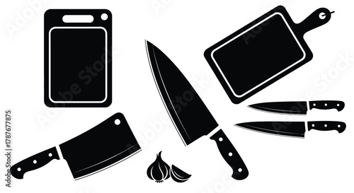Illustration of cutting boards knives and garlic in black and white editable vector file