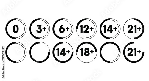 Age restriction icons in circles with varying levels of fill editable vector file