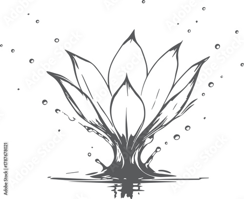Elegant Ink Drawing of Lotus Flower Emerging from Water Splash - Spiritual Symbolism