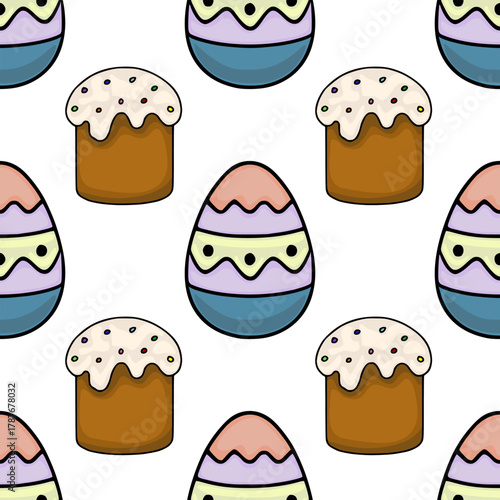 Seamless vector pattern featuring stylized Easter cakes and decorative eggs with pastel colors and playful sprinkles.