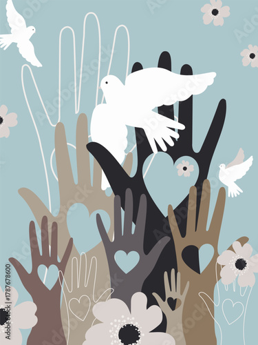 Social workers, volunteers, men and women hold hearts in their hands and reach out to the birds of peace. Unity, cohesion of a multinational society. Vector.