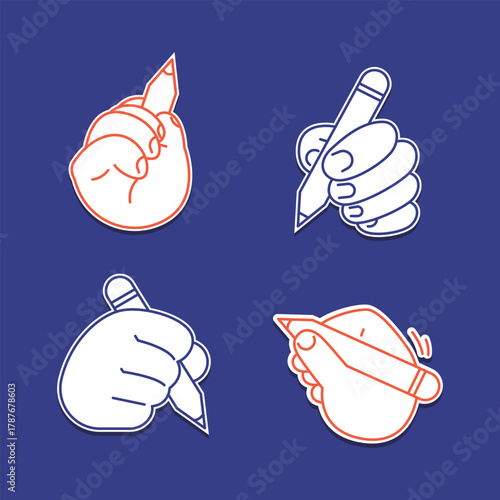 Hand Drawing with Pencil. Line illustration. Simple style. Hands writing. Holding a pencil. Set of Hands Holding Pencils in Various Grips.