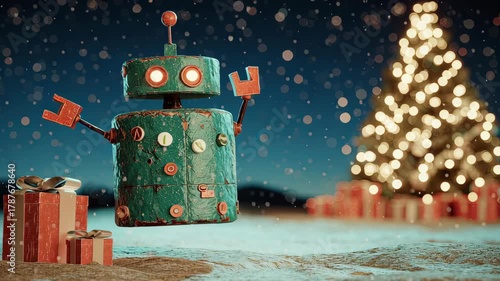 Joyful Robot Celebrating Christmas Amidst Festive Decorations