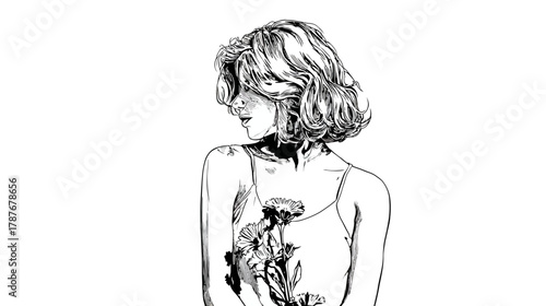 Artistic black and white ink illustration of a thoughtful woman with short wavy hair holding delicate flowers, looking away.