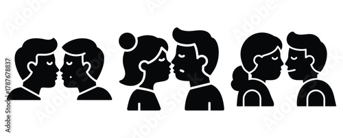 couple kissing silhouette Valentine icon set,Black color simple Vector icons