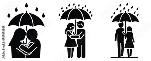 couple in rain silhouette Valentine icon set,Black color simple Vector icons