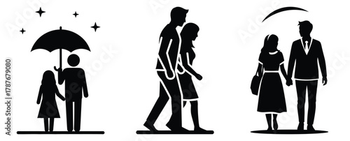 couple night walk silhouette Valentine icon set,Black color simple Vector icons