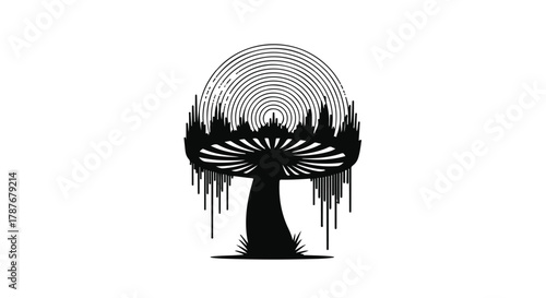 Surreal mushroom silhouette with abstract forest and dripping cap on white background